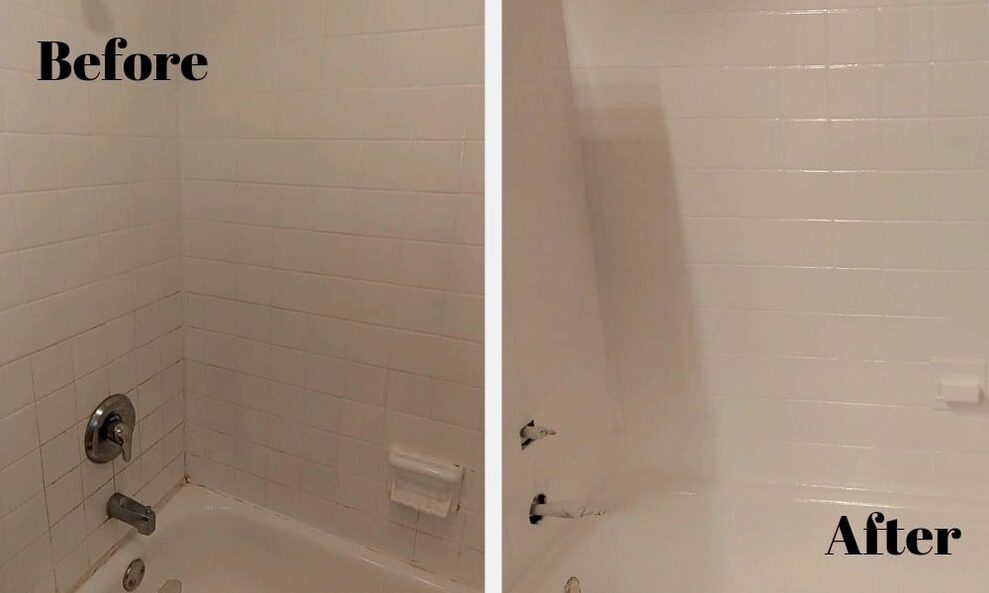 The image shows a before and after shot of the same bathroom tile, the before has black lines around the grout and the after is all white.